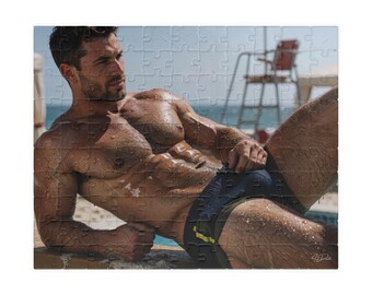 Jigsaw | Sexy Muscular Beach Lifeguard Hunk Jigsaw | Hairy Chest Male Body Gift for Couples | 110 & 252 Piece Adult Puzzle