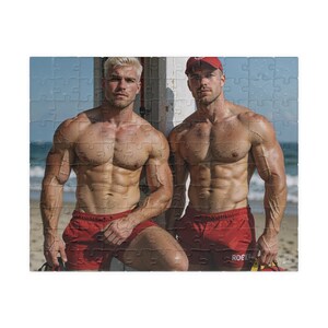 Jigsaw | Two Blonde Muscular Lifeguards Beach Rescue Jigsaw | Perfect Gift for Boyfriend | 110 or 252 Piece Adult Puzzle image 1
