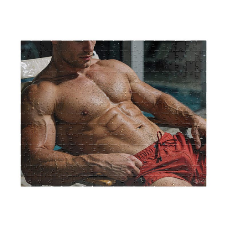 Puzzle | Handsome Muscular Athlete Covered in Droplets Red Swim Shorts Pool | Jigsaw Gift for Couples | 252 Piece Adult Puzzle image 5