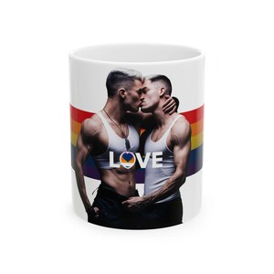 Gay Couple Kiss Mug | Two Muscular Men Embrace | Gift for Him | Boyfriend Gift | LGBTQ Love Mug | Pride Coffee Cup | Gay Gift image 1