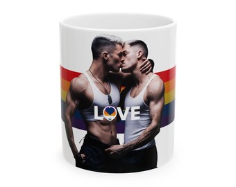 Gay Couple Kiss Mug | Two Muscular Men Embrace | Gift for Him | Boyfriend Gift | LGBTQ Love Mug | Pride Coffee Cup | Gay Gift