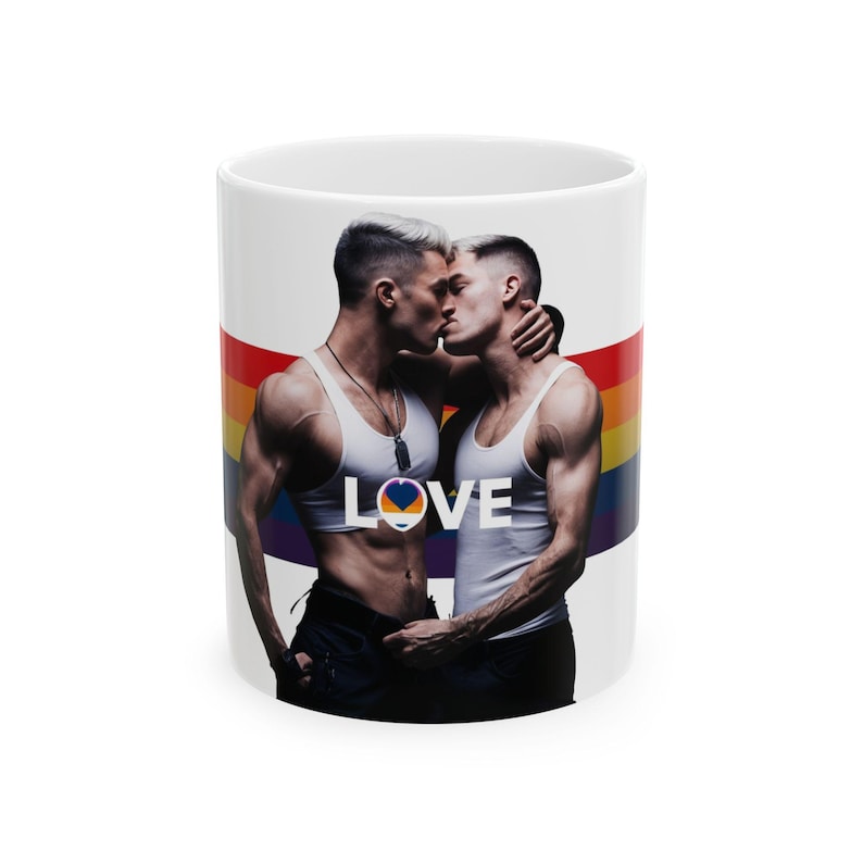 Gay Couple Kiss Mug | Two Muscular Men Embrace | Gift for Him | Boyfriend Gift | LGBTQ Love Mug | Pride Coffee Cup | Gay Gift image 1
