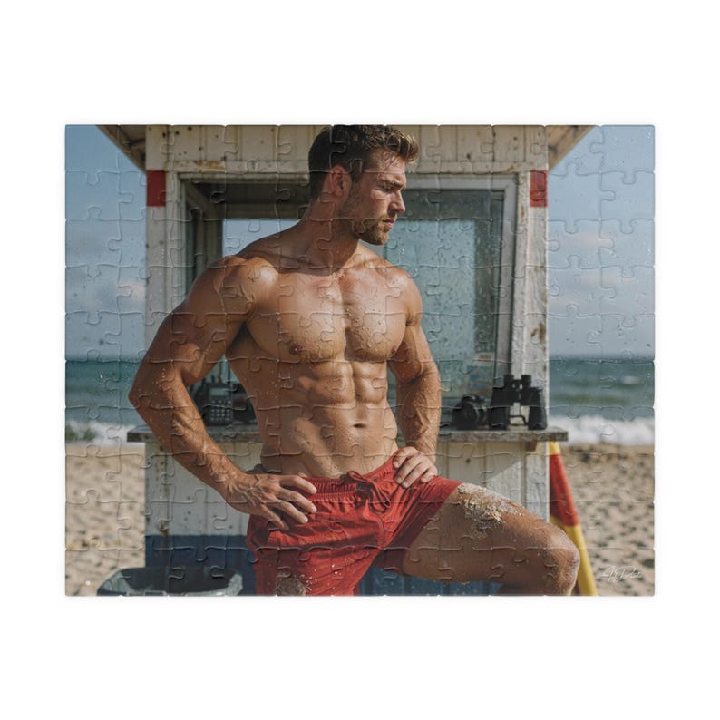 Rompecabezas de un musculoso socorrista de playa | Rompecabezas para adultos | Regalo perfecto para él | 110 o 252 piezas | Figura masculina sensual imagen 1
