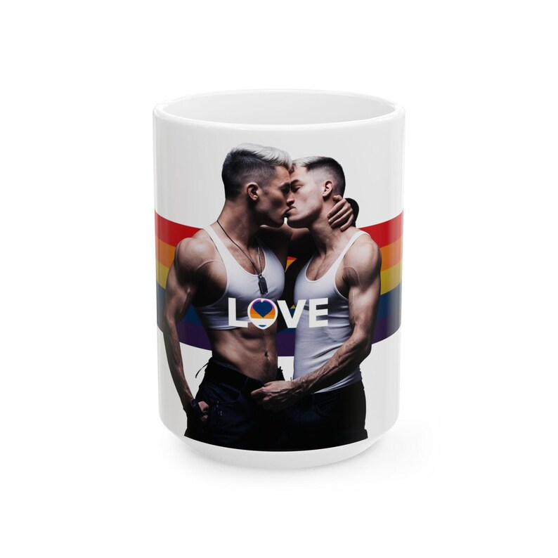 Gay Couple Kiss Mug | Two Muscular Men Embrace | Gift for Him | Boyfriend Gift | LGBTQ Love Mug | Pride Coffee Cup | Gay Gift image 2