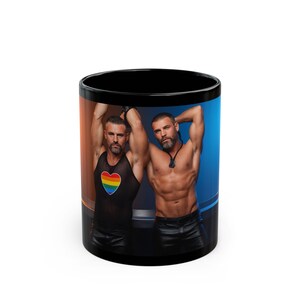 Mug | gay couple leather | pride heart tank | muscular men gift | boyfriend gift | gift for him desk image 1