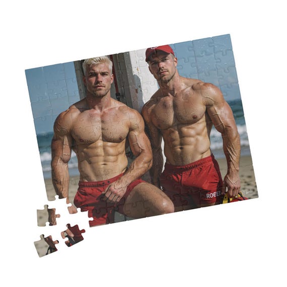 Two Blonde Muscular Lifeguards Beach Rescue Jigsaw — 3