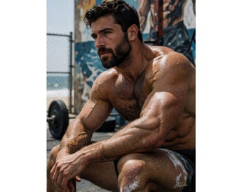 Arte mural masculino | Estudio masculino en Sunset Dunes | Lámina impresa de Venice Beach | Decoración costera atlética | Póster de cuerpo en la playa | Arte figurativo del océano