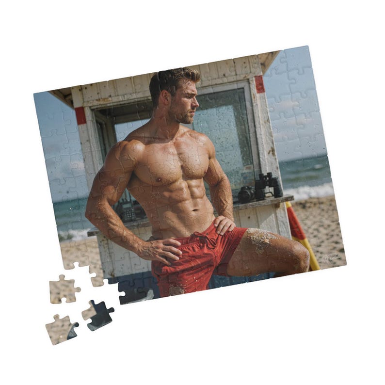 Rompecabezas de un musculoso socorrista de playa | Rompecabezas para adultos | Regalo perfecto para él | 110 o 252 piezas | Figura masculina sensual imagen 3
