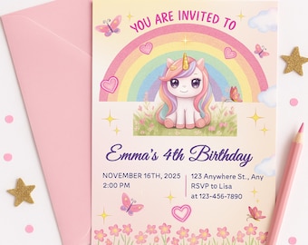 Invitación de cumpleaños de unicornio editable / Invitación de fiesta arcoíris / Plantilla mágica de cumpleaños infantil