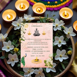 Varamahalakshmi Invitation Template | Editable Canva Kumkum Vratham Card | Digital South Indian Festival Invite | Instant Download