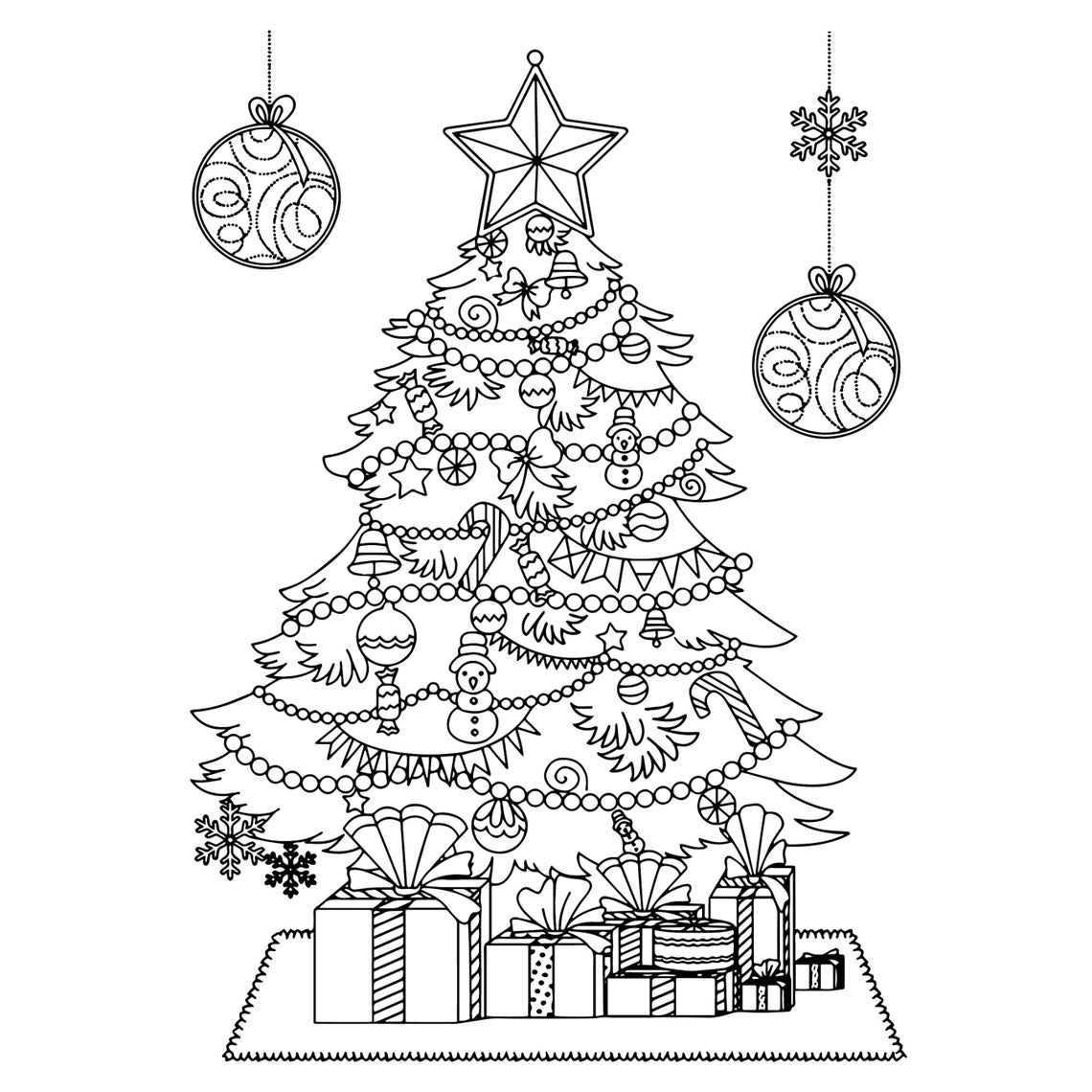 Christmas Tree With Presents Coloring Page, Digital Download, Cute