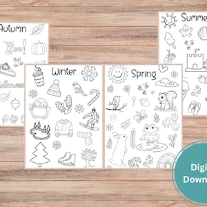 May include: Four black and white printable coloring pages featuring various illustrations for each season: Autumn, Winter, Spring, and Summer. Each page includes the name of the season and several related images, such as pumpkins, leaves, snowflakes, flowers, and beach items.