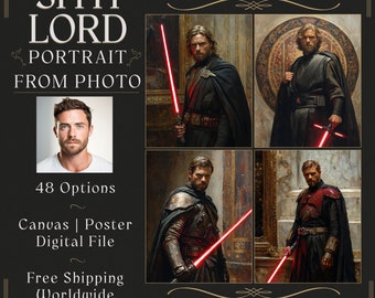 May include: A digital art print featuring a portrait of a man as a Sith Lord, with a red lightsaber. The image includes a portrait from a photo, with 48 options available. Available as canvas, poster, or digital file.