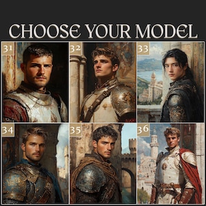 Może przedstawiać: Cyfrowy kolaż artystyczny zatytułowany CHOOSE YOUR MODEL przedstawiający sześć r&oacute;żnych portret&oacute;w os&oacute;b w zbrojach w stylu średniowiecznym, ponumerowanych od 31 do 36. Każdy portret ukazuje inną postać o unikalnych rysach twarzy i zbroi.
