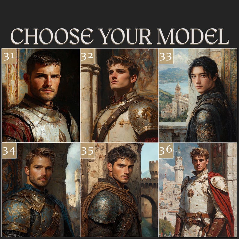 Może przedstawiać: Cyfrowy kolaż artystyczny zatytułowany CHOOSE YOUR MODEL przedstawiający sześć r&oacute;żnych portret&oacute;w os&oacute;b w zbrojach w stylu średniowiecznym, ponumerowanych od 31 do 36. Każdy portret ukazuje inną postać o unikalnych rysach twarzy i zbroi.