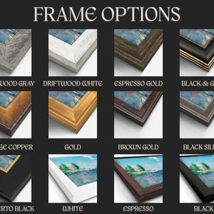 Może przedstawiać: Siatka dwunastu opcji ram pod nagł&oacute;wkiem FRAME OPTIONS, prezentująca r&oacute;żne wykończenia, w tym szary driftwood, biały driftwood, espresso gold, czarno-złoty, vintage miedź, złoty, brązowo-złoty, czarno-srebrny, concerto black, biały, espresso i czarny.