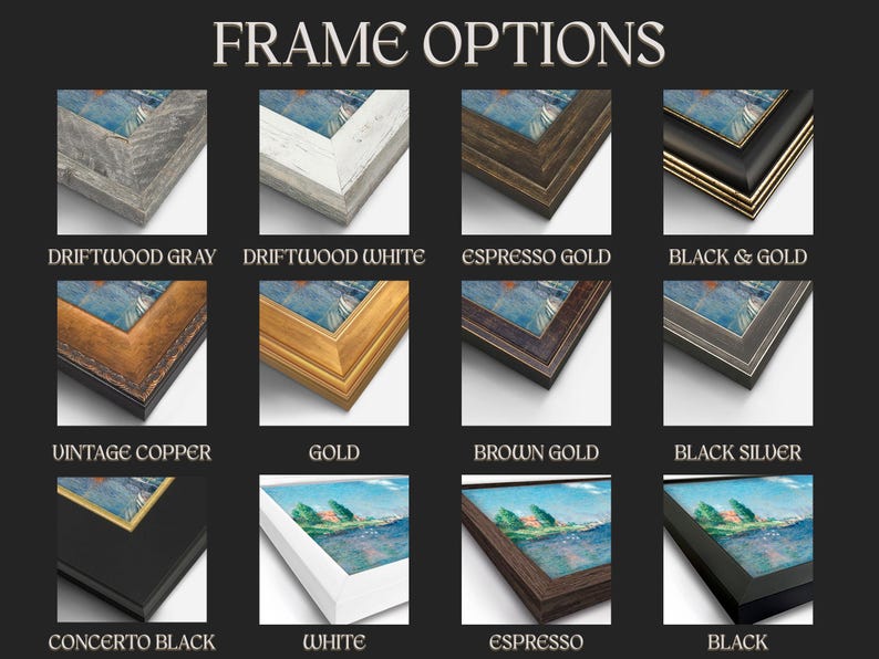 Może przedstawiać: Siatka dwunastu opcji ram pod nagł&oacute;wkiem FRAME OPTIONS, prezentująca r&oacute;żne wykończenia, w tym szary driftwood, biały driftwood, espresso gold, czarno-złoty, vintage miedź, złoty, brązowo-złoty, czarno-srebrny, concerto black, biały, espresso i czarny.