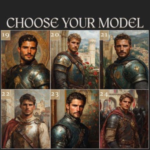Może przedstawiać: Siatka sześciu portret&oacute;w oznaczonych numerami od 19 do 24 pod tekstem CHOOSE YOUR MODEL. Każdy portret przedstawia osobę w zbroi w stylu średniowiecznym o r&oacute;żnych rysach twarzy, kolorach włos&oacute;w i tłach z kamiennymi zamkami i krajobrazami.
