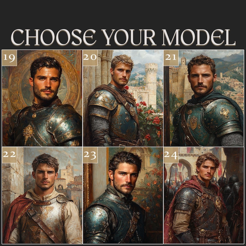 Może przedstawiać: Siatka sześciu portret&oacute;w oznaczonych numerami od 19 do 24 pod tekstem CHOOSE YOUR MODEL. Każdy portret przedstawia osobę w zbroi w stylu średniowiecznym o r&oacute;żnych rysach twarzy, kolorach włos&oacute;w i tłach z kamiennymi zamkami i krajobrazami.