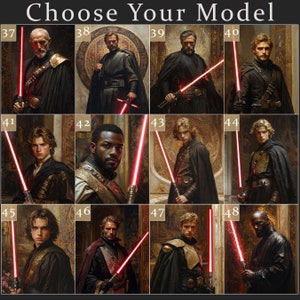 K&ouml;nnte beinhalten: Eine Auswahl an Portr&auml;ts verschiedener Figuren, die jeweils ein rotes Lichtschwert halten. Die Figuren sind von 37 bis 48 nummeriert, und der Text "Choose Your Model" steht oben. Die Figuren sind in dunkler Kleidung gekleidet.