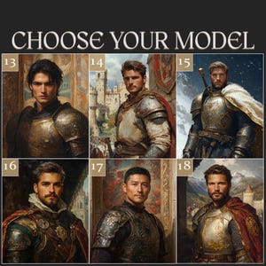Może przedstawiać: Siatka sześciu portret&oacute;w oznaczonych numerami od 13 do 18, zatytułowana CHOOSE YOUR MODEL. Każdy portret przedstawia osobę w ozdobnej metalowej zbroi ze skomplikowanymi złotymi grawerunkami, na tle r&oacute;żnych scenerii, w tym zamk&oacute;w i g&oacute;rskich krajobraz&oacute;w.