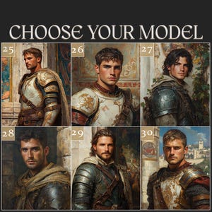 Może przedstawiać: Siatka sześciu portret&oacute;w oznaczonych numerami od 25 do 30 pod tekstem CHOOSE YOUR MODEL. Każdy portret przedstawia osobę w zbroi lub stroju w stylu średniowiecznym, z r&oacute;żnymi fryzurami, rysami twarzy oraz detalami metalicznymi i tkaninami.