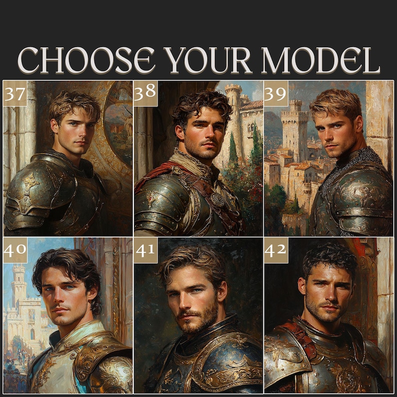 Może przedstawiać: Cyfrowy kolaż artystyczny zatytułowany CHOOSE YOUR MODEL, przedstawiający sześć r&oacute;żnych portret&oacute;w os&oacute;b w ozdobnych metalowych zbrojach. Każdy portret jest ponumerowany od 37 do 42 i ukazuje osobę o zr&oacute;żnicowanych rysach twarzy na tle średniowiecznych zamk&oacute;w.