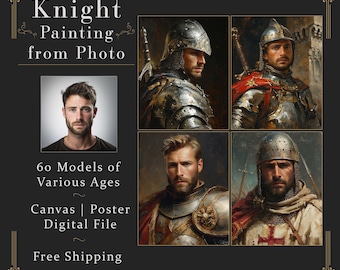 Może przedstawiać: Obraz przedstawiający portret i cztery obrazy rycerzy w zbrojach. Tekst brzmi "Knight Painting from Photo" i "60 Models of Various Ages". Obraz wspomina również "Canvas | Poster | Digital File".