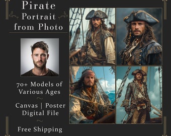 May include: A digital art service offering pirate portraits from photos. The ad features a collage of four images: a man's face, a pirate in a brown leather jacket, a pirate in a blue jacket, and a pirate in a red bandana. The text reads "Pirate Portrait from Photo", "70+ Models of Various Ages", "Canvas | Poster | Digital File", and "Free Shipping".