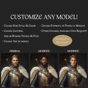 Może przedstawiać: Cyfrowa grafika z tekstem CUSTOMIZE ANY MODEL! wymieniająca opcje zmiany włos&oacute;w, odzieży, pochodzenia etnicznego, wieku oraz dodawania lub usuwania os&oacute;b i zwierząt. Zawiera owal z tekstem Everyone is Welcome! oraz trzy portrety rycerza.