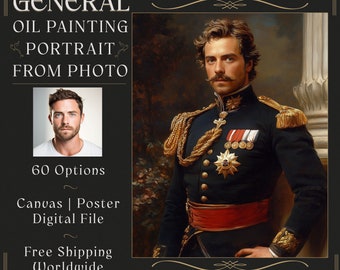 General Portrait Oil Painting from Photo, 19th Century Portrait, Vintage Portrait, Aristocrat Portrait Painting Gift Custom Portrait L28
