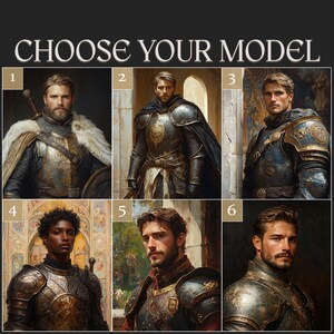 Może przedstawiać: Siatka sześciu portret&oacute;w ponumerowanych od 1 do 6 pod tekstem CHOOSE YOUR MODEL. Każdy portret przedstawia osobę w ozdobnej metalowej zbroi o r&oacute;żnych wzorach, kolorach i fakturach, w tym z futrzanymi akcentami, pelerynami i grawerunkami.