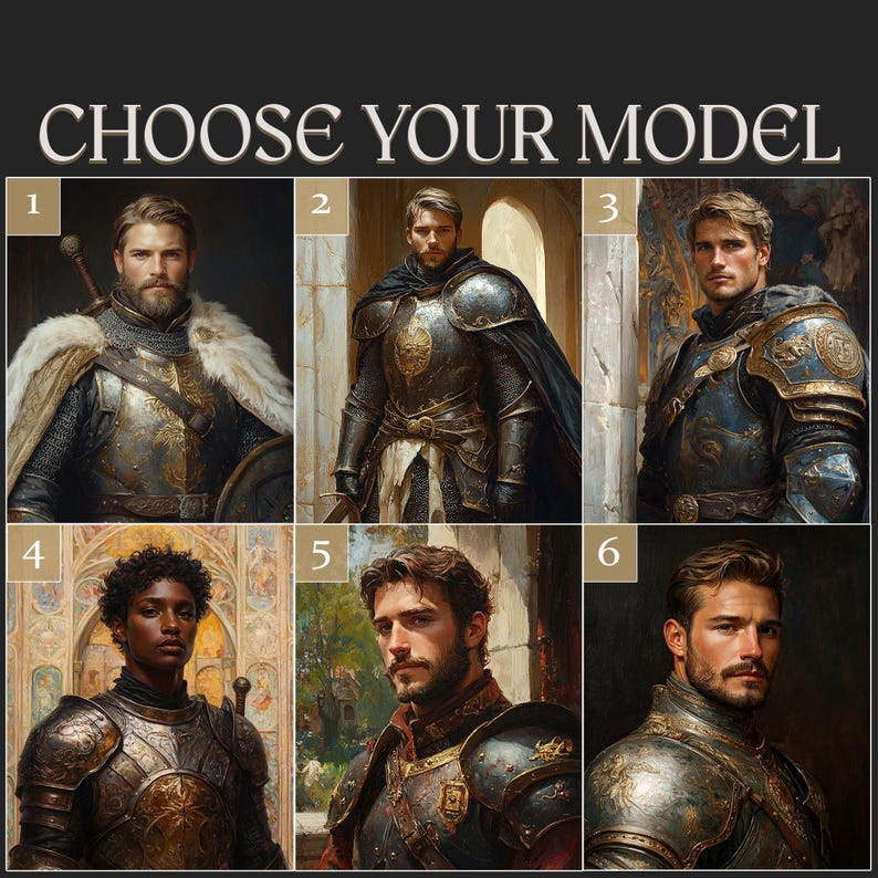 Może przedstawiać: Siatka sześciu portret&oacute;w ponumerowanych od 1 do 6 pod tekstem CHOOSE YOUR MODEL. Każdy portret przedstawia osobę w ozdobnej metalowej zbroi o r&oacute;żnych wzorach, kolorach i fakturach, w tym z futrzanymi akcentami, pelerynami i grawerunkami.