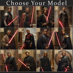 K&ouml;nnte beinhalten: Digitaldruck mit zw&ouml;lf Portr&auml;ts von Figuren, die jeweils ein rotes Lichtschwert halten. Die Portr&auml;ts sind nummeriert und vor detaillierten Hintergr&uuml;nden platziert. Der Text "Choose Your Model" befindet sich oben im Bild.