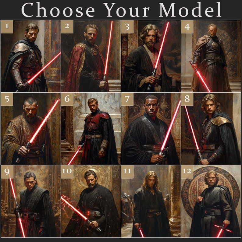 K&ouml;nnte beinhalten: Digitaldruck mit zw&ouml;lf Portr&auml;ts von Figuren, die jeweils ein rotes Lichtschwert halten. Die Portr&auml;ts sind nummeriert und vor detaillierten Hintergr&uuml;nden platziert. Der Text "Choose Your Model" befindet sich oben im Bild.
