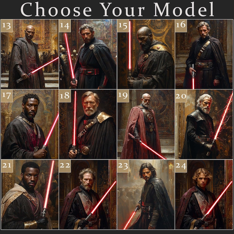 K&ouml;nnte beinhalten: Zw&ouml;lf Portr&auml;ts von Figuren mit roten Lichtschwertern, jeweils nummeriert. Die Figuren tragen dunkle Roben und Umh&auml;nge, mit unterschiedlichen Frisuren und B&auml;rten. Der Text "Choose Your Model" steht oben.