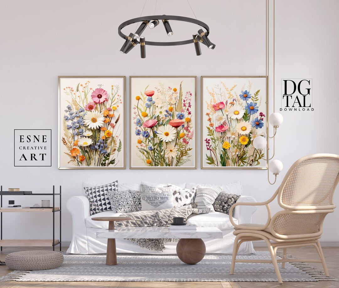 Floral Watercolor Print Set of 3, Wildflower Field Wall Art, Printable ...