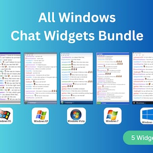 Peut inclure: Graphique numérique présentant un ensemble de widgets de chat pour différents systèmes d'exploitation Windows. L'image comprend des widgets pour Windows 95, XP, Vista, 7 et 10, avec le texte "All Windows Chat Widgets Bundle" et "5 Widget Pack".
