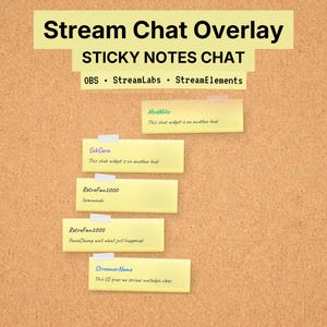 May include: A Stream Chat Overlay design featuring "STICKY NOTES CHAT" text. The image shows yellow sticky notes with streamer names and chat messages, taped to a corkboard. The design includes OBS, StreamLabs, and StreamElements.