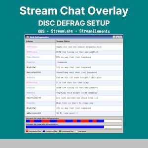 May include: A screenshot of a computer desktop with the text "Stream Chat Overlay" and "DISC DEFRAG SETUP." The desktop includes icons for "My Computer," "Network Neighborhood," "Inbox," and "Recycle Bin."