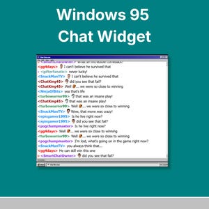 Puede incluir: Un escritorio Windows 95 turquesa con un widget de chat abierto. La ventana de chat muestra comentarios de usuarios y el texto "Windows 95 Chat Widget". Se ven iconos de Mi PC, Entorno de red y Papelera de reciclaje.