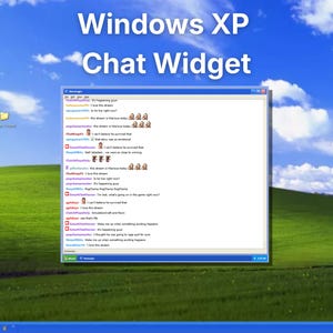 May include: A computer desktop background featuring a blue sky with clouds and green hills. A chat widget is open, displaying text and small icons. The text "Windows XP Chat Widget" is at the top of the image.