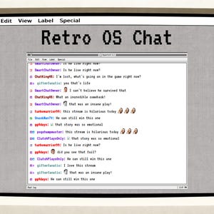 Könnte beinhalten: Ein Computerbildschirm im Retro-Stil zeigt ein Chatfenster mit dem Titel "Retro OS Chat". Das Chatprotokoll zeigt verschiedene Benutzerkommentare und Emojis. Der Bildschirm hat einen grauen Hintergrund mit dem Text "Retro OS Chat" oben.