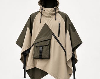 Poncho con cappuccio beige/verde oliva, mantello tattico multiuso, capospalla tecnico asimmetrico, streetwear di ispirazione militare