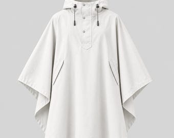 Poncho blanc à capuche, cape de pluie minimaliste, vêtement d'extérieur léger, style streetwear unisexe moderne, cape à capuche