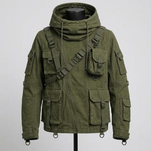 Chaqueta táctica con capucha para hombre, color verde oliva, estilo técnico, estilo utilitario, abrigo militar cargo, estilo urbano, chaqueta de viaje para exteriores.
