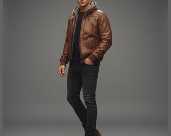 Men's Brown Faux Leather Biker Jacket | Removable Hood, Winter Coat