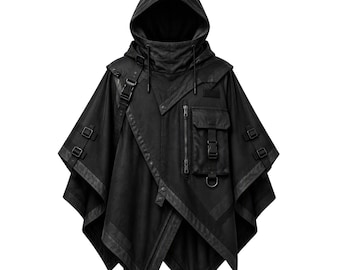 Schwarzer taktischer Kapuzenponcho, Gothic-Techwear-Cape, asymmetrische Funktionsjacke, dunkle alternative Streetwear