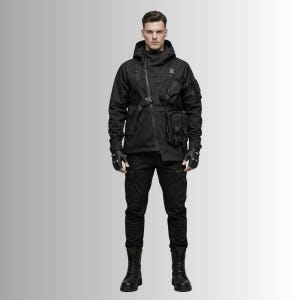 May include: Black tactical jacket with multiple pockets, a hood, and a diagonal zipper. The jacket is paired with black pants, gloves, and boots. The outfit has a military or urban-inspired aesthetic.