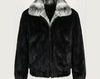 Men’s Luxury Black Mink Fur Bomber Jacket with Silver Chinchilla-Style Collar